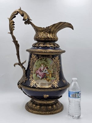 Antique French Cobalt Blue Porcelain &Brass Ewer Fragonard Scene Gilt Bronze 23"