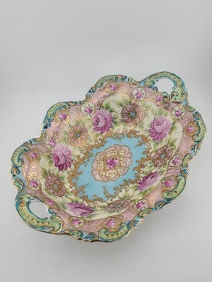 1910's Victorian German Porcelain Handled Bowl Raised Gold &Roses RS Style 11.5"