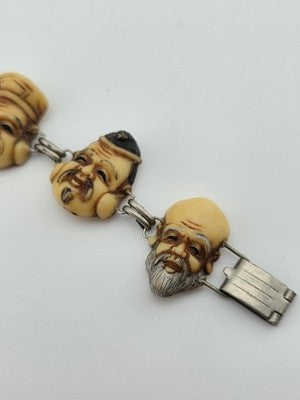 Antique Japanese Figural Face Bracelet Carved Bon Seven Gods Meiji Era. Signed.