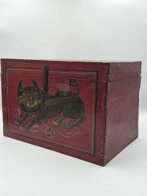 Rare XL Antique 19th C Distressed Tibetan Style Foo Dog Lion Storage Chest Box.