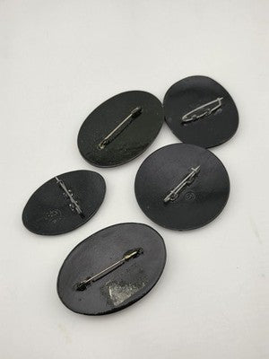 Rare Set Of 5 Vintage Hand Painted Brooch Pins Black Lacquer Russian Folk Art