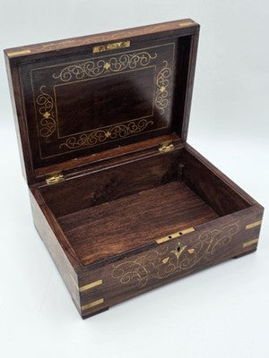 RARE ANTIQUE 19th C COLONIAL ROSEWOOD & FULL BRASS INLAY JEWELRY BOX.