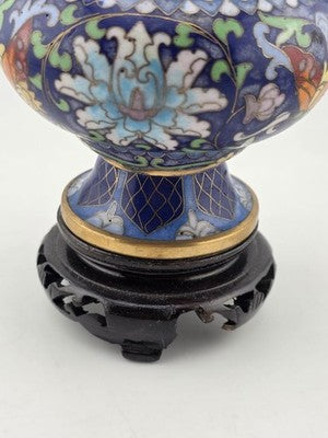 Rare Vintage Chinese Cloisonne Enamel Butterfly Floral Vase w Wood Stand Blue