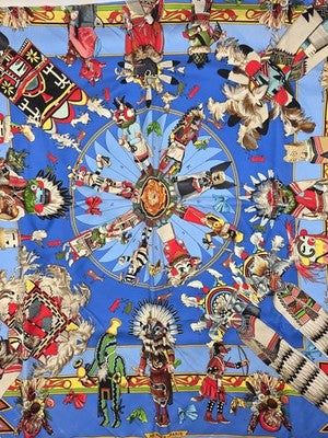 Rare Hermes Kachinas Scarf 90cm Silk Twill Hopi Design Blue Multicolor W Box.