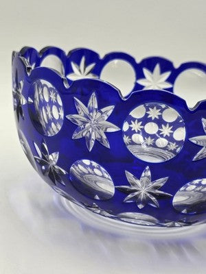 Rare Vintage Bohemian Hand Cut Crystal Glass Blue to Clear bowl SIGNED 8.75”