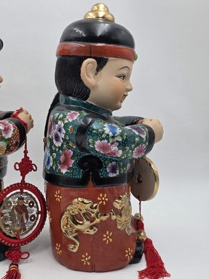 XL 15 inch Vintage Chinese Boy & Girl Prosperity Figurines Pair Good Luck Wealth
