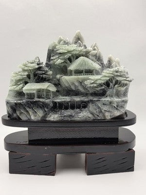 Vtg 11" Old Chinese Dushan Jade Carving Mountain Water Pine Tree Ship Sculpture
