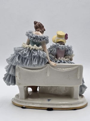 Antique German Dresden Lace Porcelain Figurine Two Ladies On Bench Volkstedt