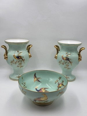 Rare Vintage Spode England Bone China Bird Garniture Urn Vase Bowl Set 3Pc