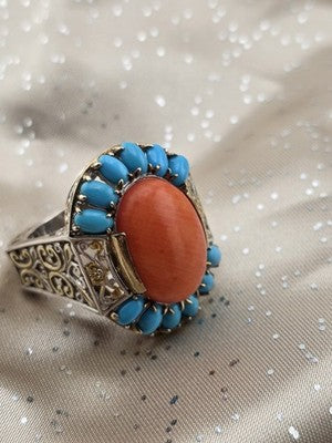 Rare 925 Sterling Silver Coral Turquoise Filigree Statement Ring Artisan Size 9