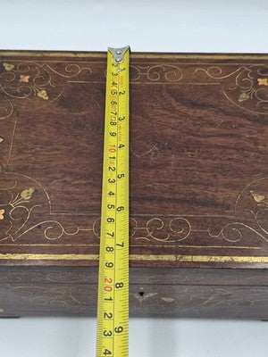 RARE ANTIQUE 19th C COLONIAL ROSEWOOD & FULL BRASS INLAY JEWELRY BOX.