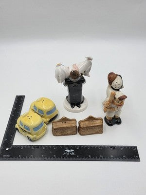 Vintage Lot Of 4 Slat & Pepper Shaker Taxi Cab Alamo Bride Groom Baseball Figure