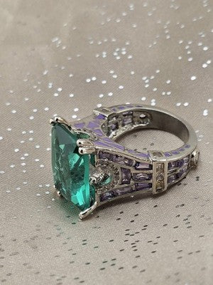 Vtg Paris Eiffel Tower Style Green Stone Purple Enamel Statement Cocktail Ring