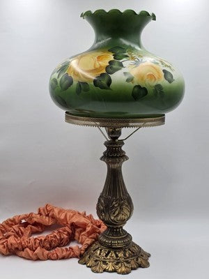 Antique Victorian Style Hurricane Lamp Electric Floral Shade Ornate Brass Base