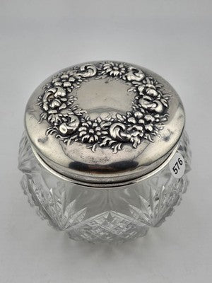 Antique Watson Sterling Silver Floral Lid Cut Crystal Vanity Jar C1900 Fine 925