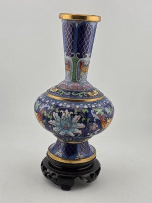 Rare Vintage Chinese Cloisonne Enamel Butterfly Floral Vase w Wood Stand Blue