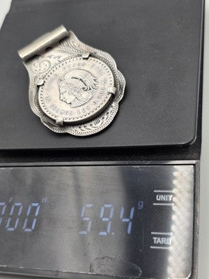 Rare OOAK Sterling Silver Money Clip w 1948 Mexico 5 Pesos Cuauhtemoc Coin 59.4g
