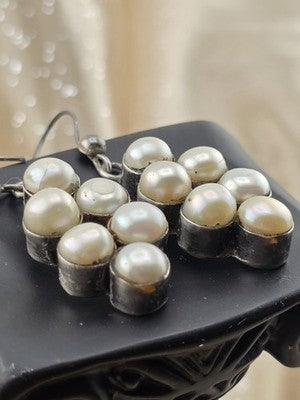 Vintage 925 Sterling Silver Cultured Pearl Cluster Dangle Earrings Pair. 1.5"