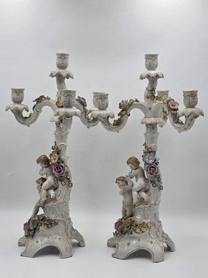 Rare 19th C Antique Pair Schierholz Dresden Porcelain Cherub Floral Candelabras