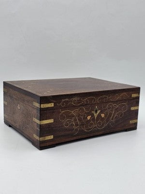 RARE ANTIQUE 19th C COLONIAL ROSEWOOD & FULL BRASS INLAY JEWELRY BOX.