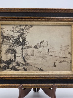 Rare Antique Framed Etching After Guercino "Ravine and Pool" Landscape Print
