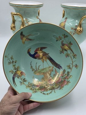 Rare Vintage Spode England Bone China Bird Garniture Urn Vase Bowl Set 3Pc