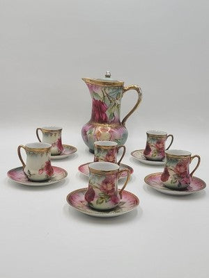 Antique 19th C C.S. Prussia Handpainted Demitasse Set 6 Cups Saucers Coffee Pot