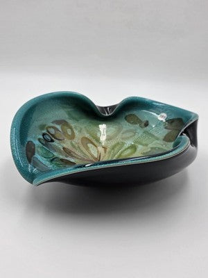 Unique Vintage Studio Art Glass Freeform Bowl Turquoise Black Millefiori Style