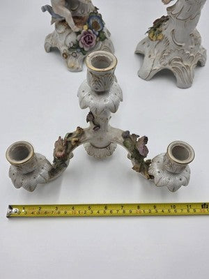 Rare 19th C Antique Pair Schierholz Dresden Porcelain Cherub Floral Candelabras