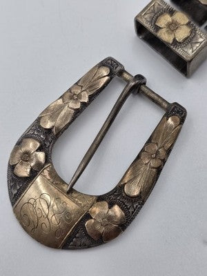 Antique K.W. Driskell Sterling Silver 10K Solid Gold Overlay Belt Buckle & Slide