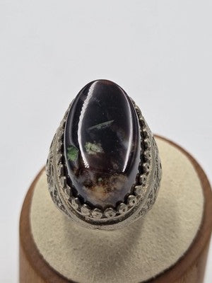 Antique Handcrafted Men Sterling Silver 925 Natural Dark Aqeeq Agate Ring Sz 9.