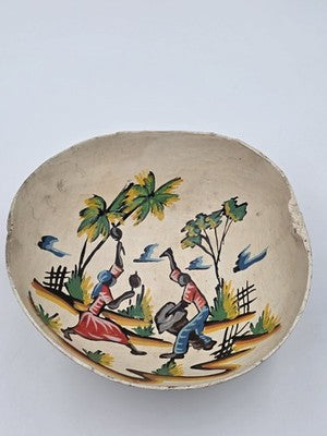 Antique 1930's Haitian Folk Art Coconut Shell Calabash Hand Painted Bowl Signed