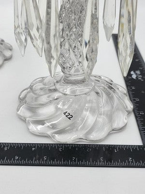 VINTAGE DUNCAN MILLER AMERICAN SANDWICH PAIR CANDLESTICKS W/BOBECHES AND PRISMS