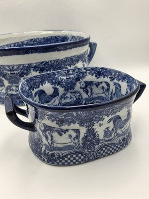 Pair XL Blue White Transferware Cachepot Jardiniere Planters Farm Animal Decor