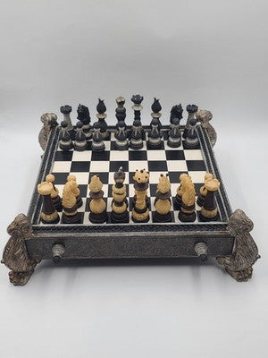 Rare Vintage Large Renaissance Style Resin Chess Set w Drawer Medieval Board 16”