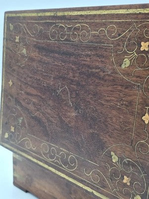 RARE ANTIQUE 19th C COLONIAL ROSEWOOD & FULL BRASS INLAY JEWELRY BOX.