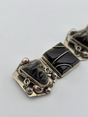 VINTAGE Mexican TAXCO STERLING SILVER 925 BRACELET & Earrings Obsidian Tribal.