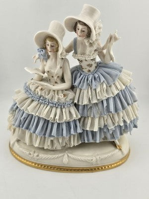 Antique Sitzendorf Dresden Lace Figurine 2 Victorian Ladies Germany Porcelain