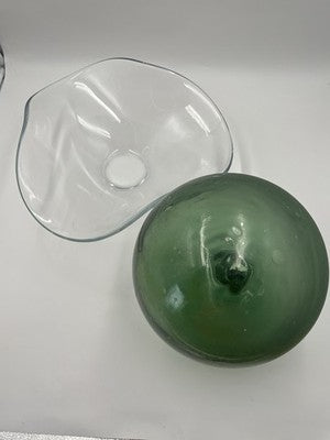 Rare Large Hand Blown Art Glass Orb Sphere w/ Freeform Murano Style Bowl Stand