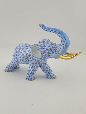 Herend Blue Fishnet Charging Elephant Figurine VHB Artist Signed Vecsey Tamas