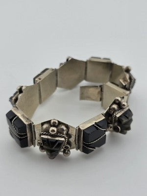 VINTAGE Mexican TAXCO STERLING SILVER 925 BRACELET & Earrings Obsidian Tribal.