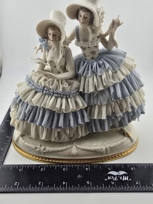 Antique Sitzendorf Dresden Lace Figurine 2 Victorian Ladies Germany Porcelain