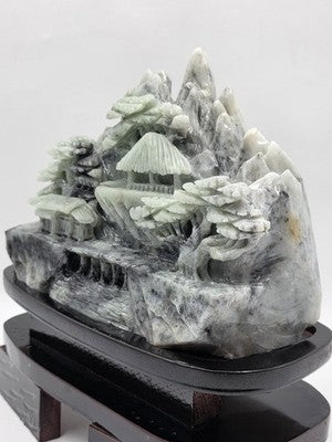 Vtg 11" Old Chinese Dushan Jade Carving Mountain Water Pine Tree Ship Sculpture