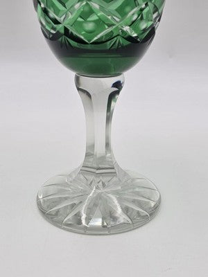Set Of 4 Vintage Bohemian Czech Emerald Green Cut Crystal Wine Goblets. 7.75".