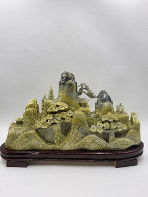 Huge 20.5" China Natural Yellow Green Xiu Jade Carved Mountain House Tree Statue