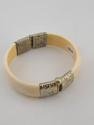 Rare Antique Set Of Bone Bracelet & Ring Intricate Hand Tooled Sterling Silver