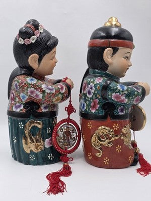 XL 15 inch Vintage Chinese Boy & Girl Prosperity Figurines Pair Good Luck Wealth