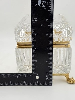 French Baccarat Style Jewelry Casket Footed Box Heavy Crystal Glass Hinged Lid