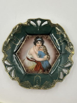Rare Pair Of Antique 19th C Prussian Portrait Plate Green & gold Hand Painted