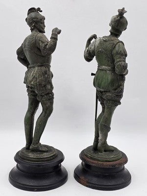Rare Pair Of Antique Detailed Spelter Statues of Spanish Conquistadors. 15".